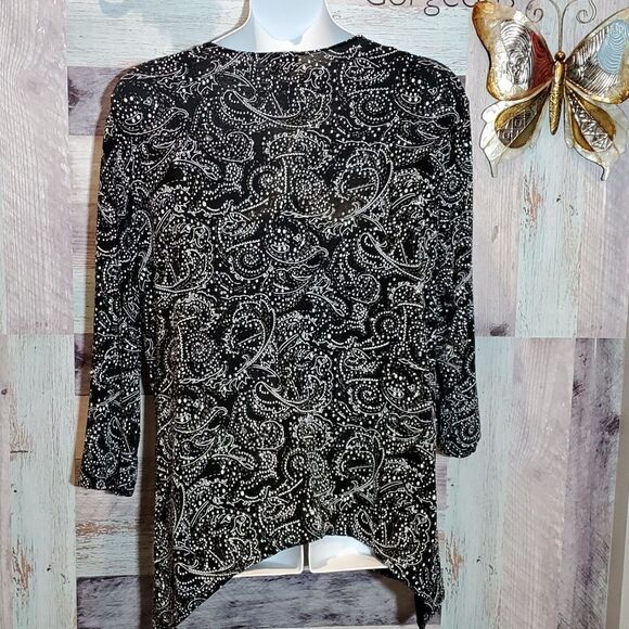 JBS Sz 5X Black Silver Paisley Sparkly Knotted Bust Dressy Blouse Plus Size - Picture 6 of 8